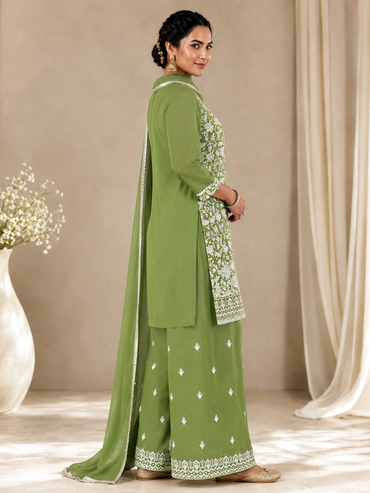 Elegant Floral Thread Embroidered Cotton Palazzo Suit Set – Sage Green