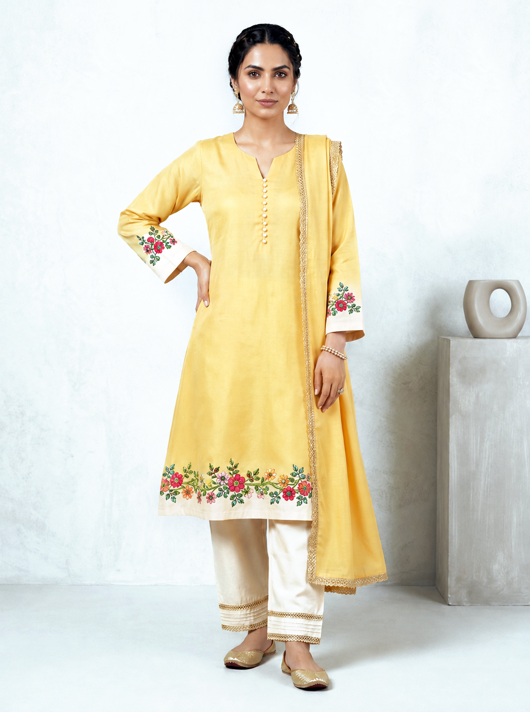 Floral Hand-painted Silk Straight Suit Set – Sunshine Yellow