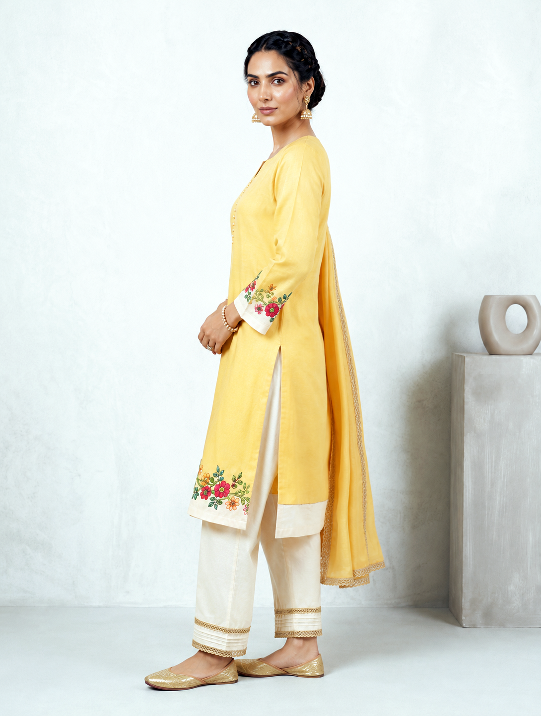 Floral Hand-painted Silk Straight Suit Set – Sunshine Yellow