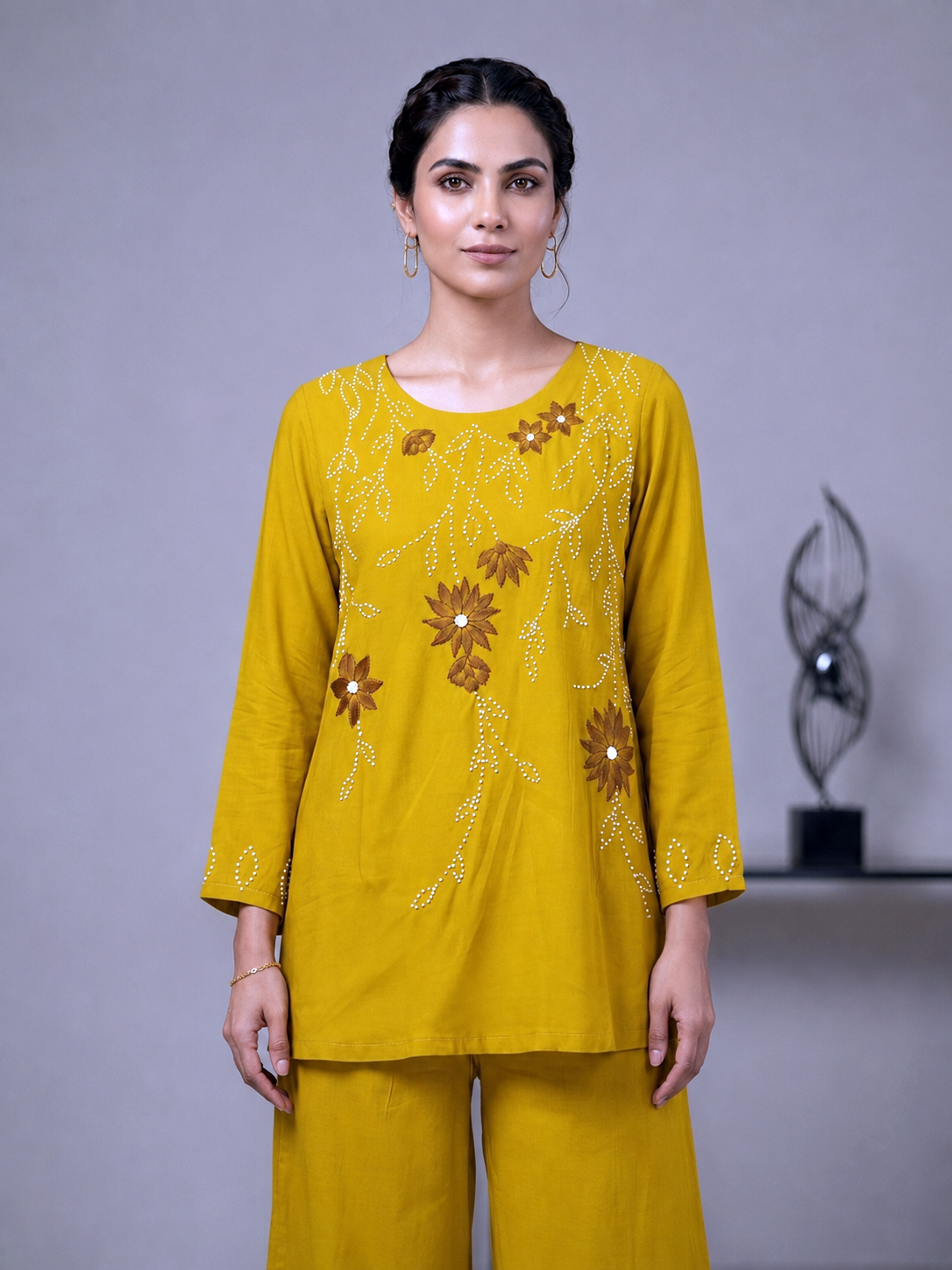 Hand-Embroidered Silk Tunic & Palazzo Set – Festive Mehndi Green
