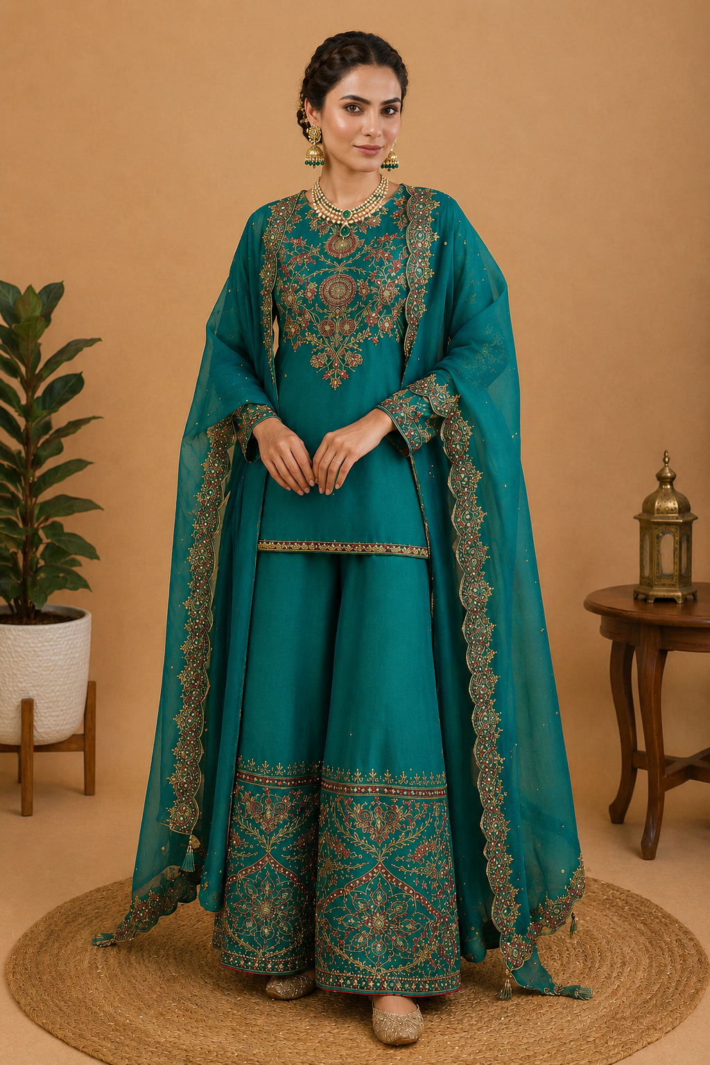 Intricate Embroidered Sharara Set – Deep Peacock Teal