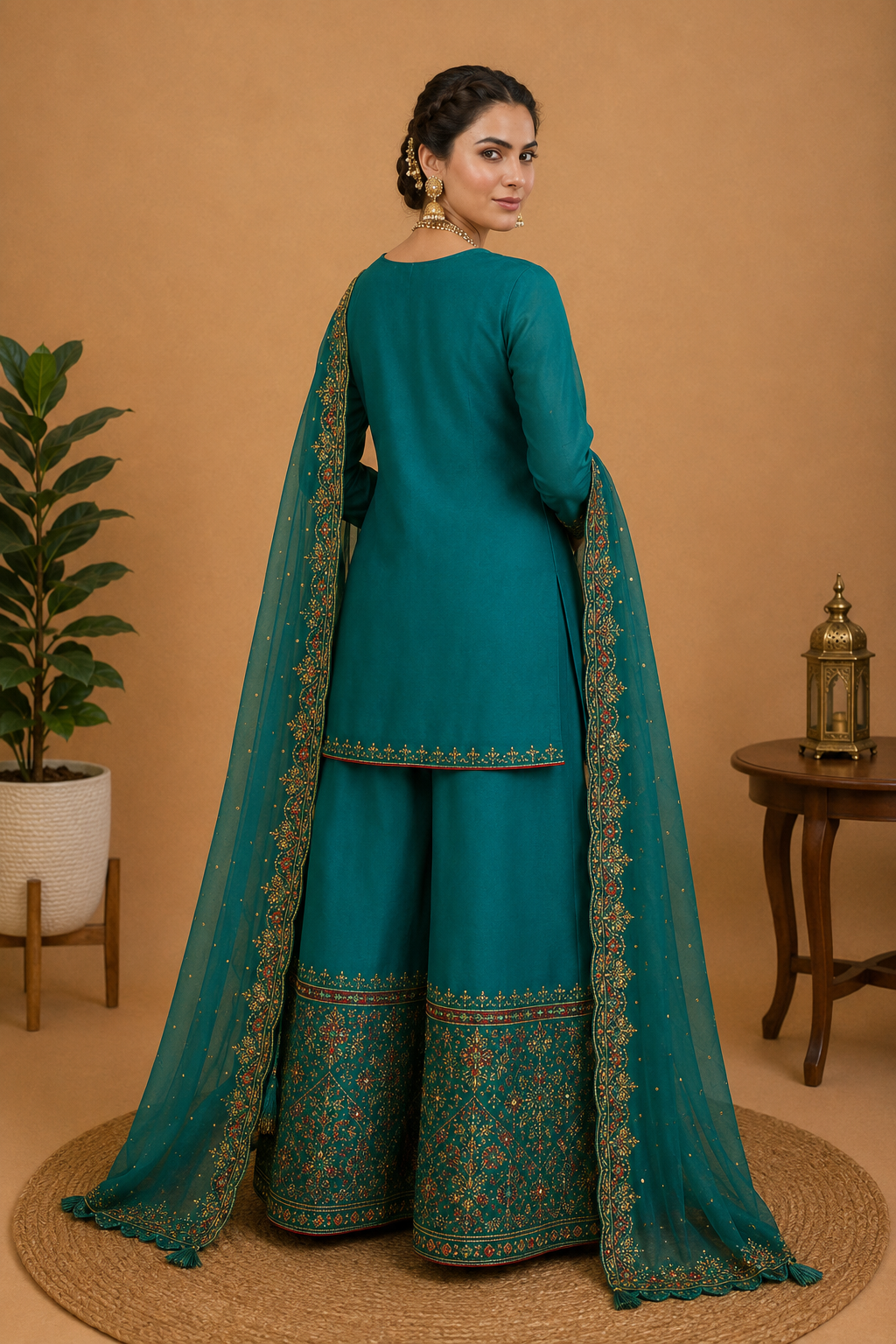 Intricate Embroidered Sharara Set – Deep Peacock Teal