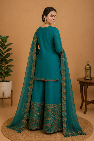Intricate Embroidered Sharara Set – Deep Peacock Teal