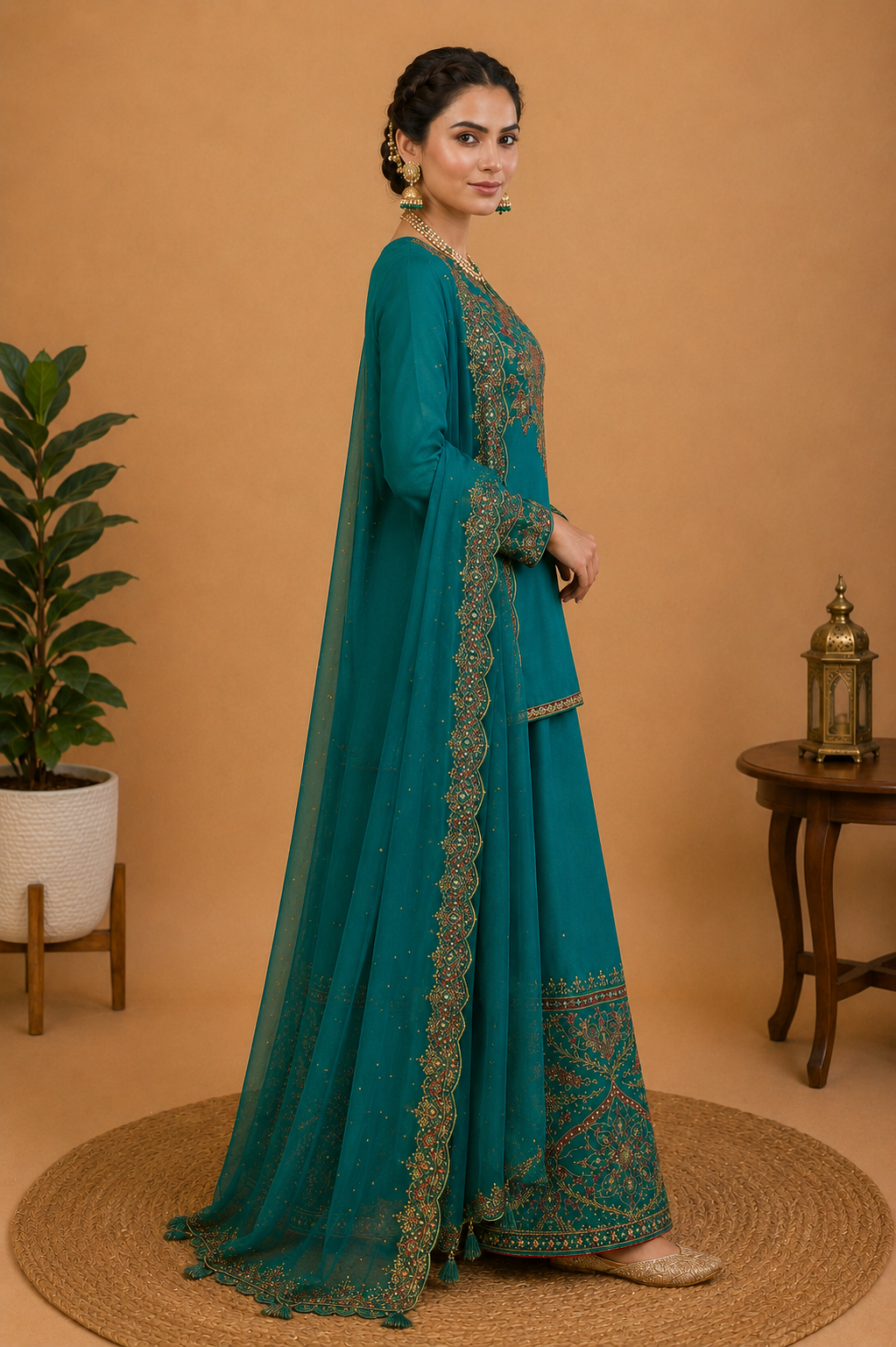 Intricate Embroidered Sharara Set – Deep Peacock Teal