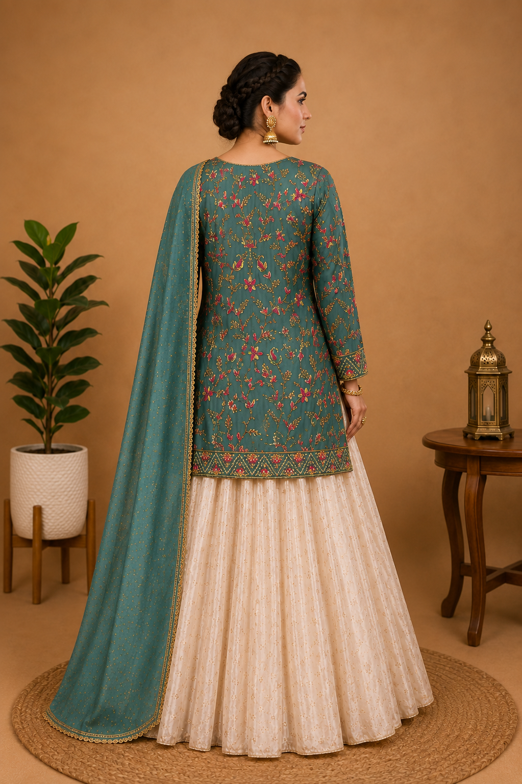 Intricate Embroidered Sharara Set – Sea Green & Ivory Cream