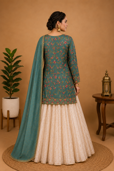 Intricate Embroidered Sharara Set – Sea Green & Ivory Cream