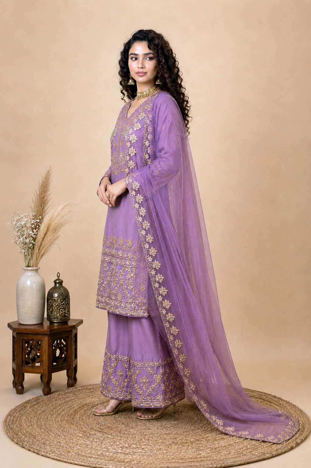 Hand Embroidered Palazzo Suit Set – Mauve Purple