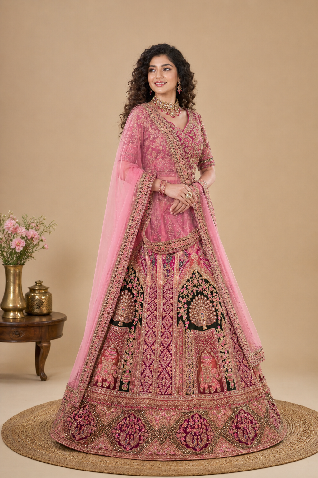 Intricate Embroidered Bridal Lehenga – Rani Pink & Heritage Velvet