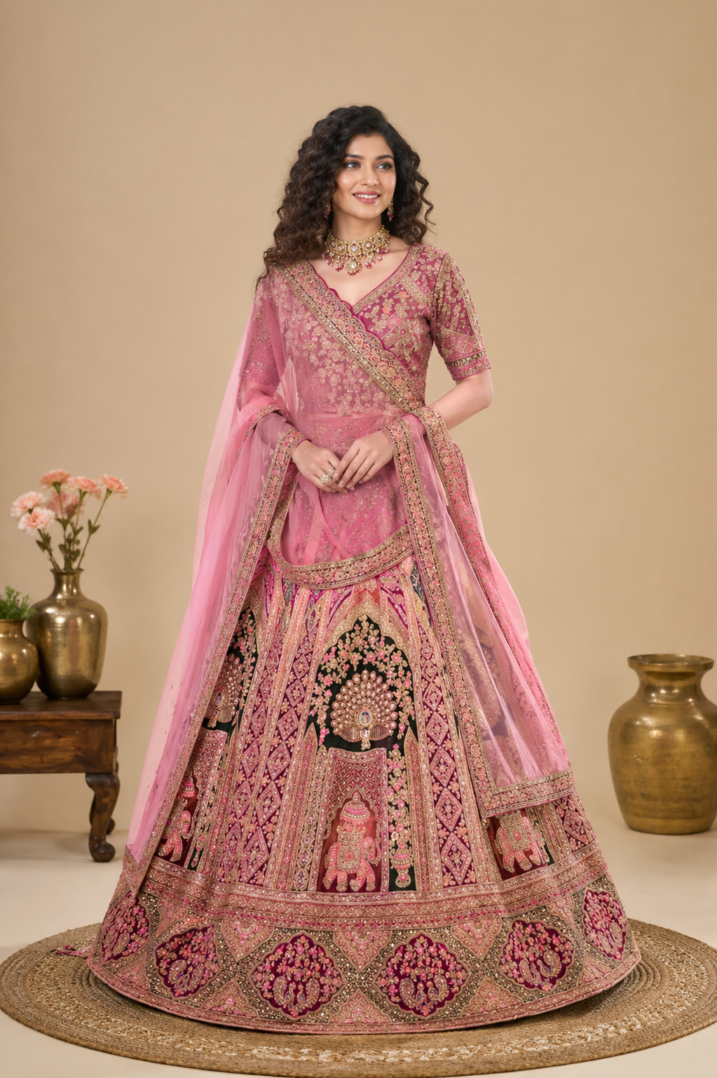 Intricate Embroidered Bridal Lehenga – Rani Pink & Heritage Velvet