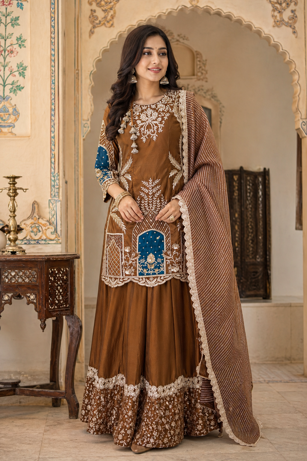 Intricate Embroidered Sharara Set – Earthy Brown & Peacock Blue