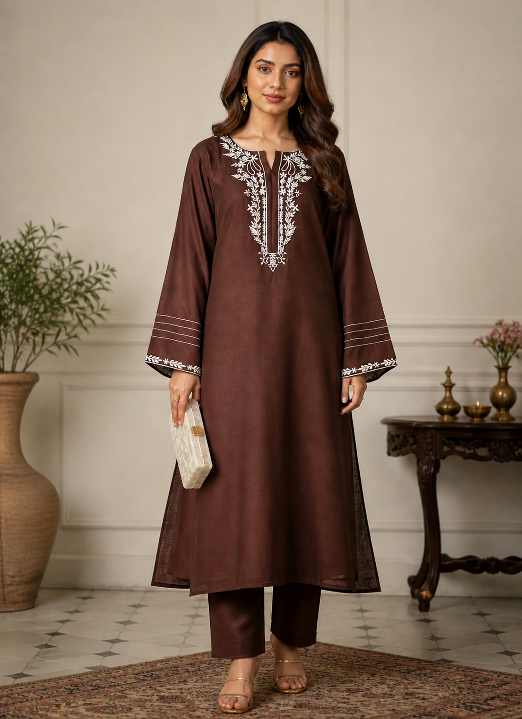 Cotton-Silk Neck Embroidered Kurta and Palazzo Set - Coffee Brown