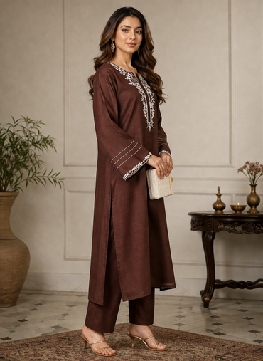 Cotton-Silk Neck Embroidered Kurta and Palazzo Set - Coffee Brown