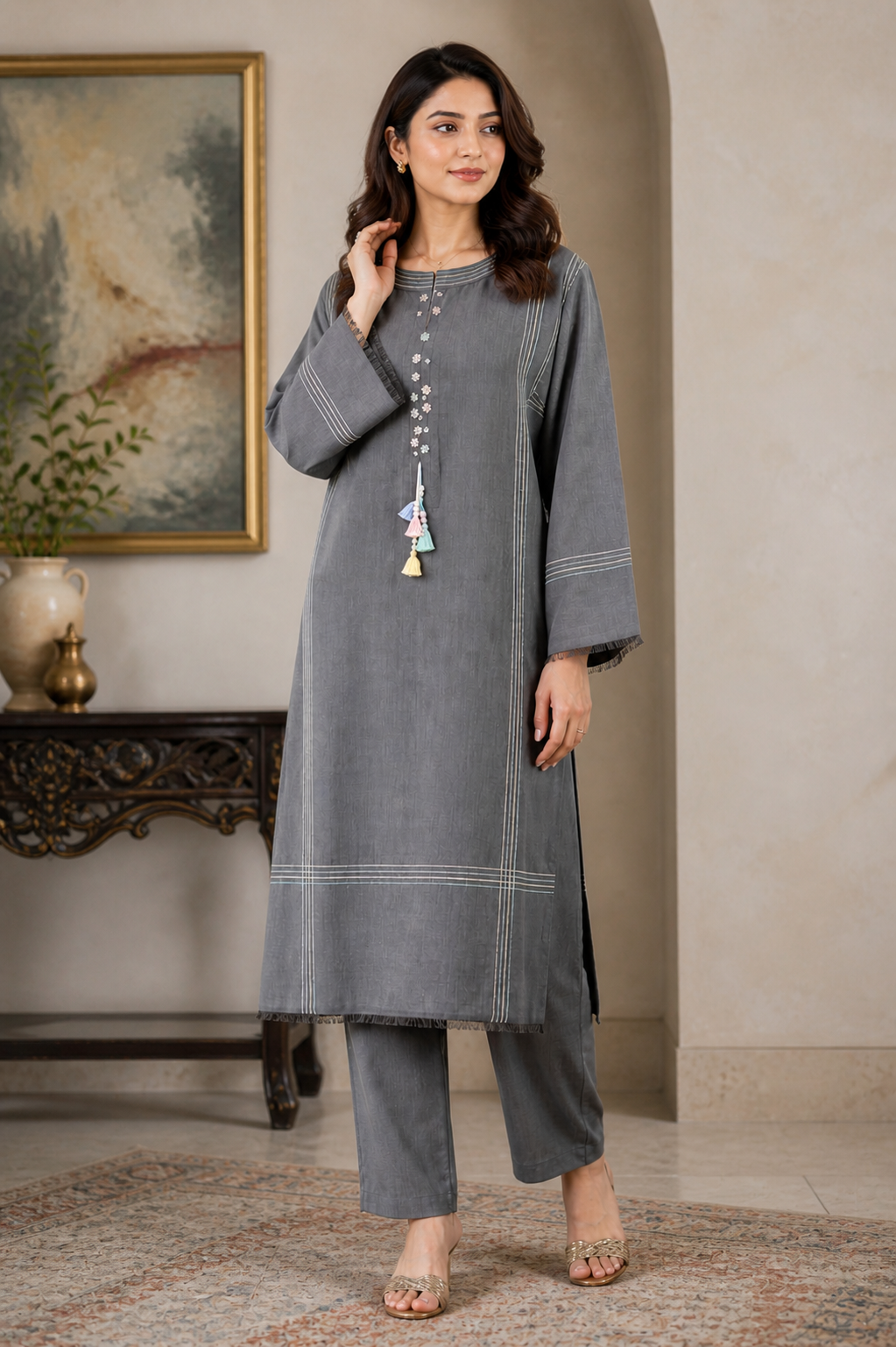 Minimalist Tassel-Detailed Straight Kurta Palazzo Set - Slate Grey