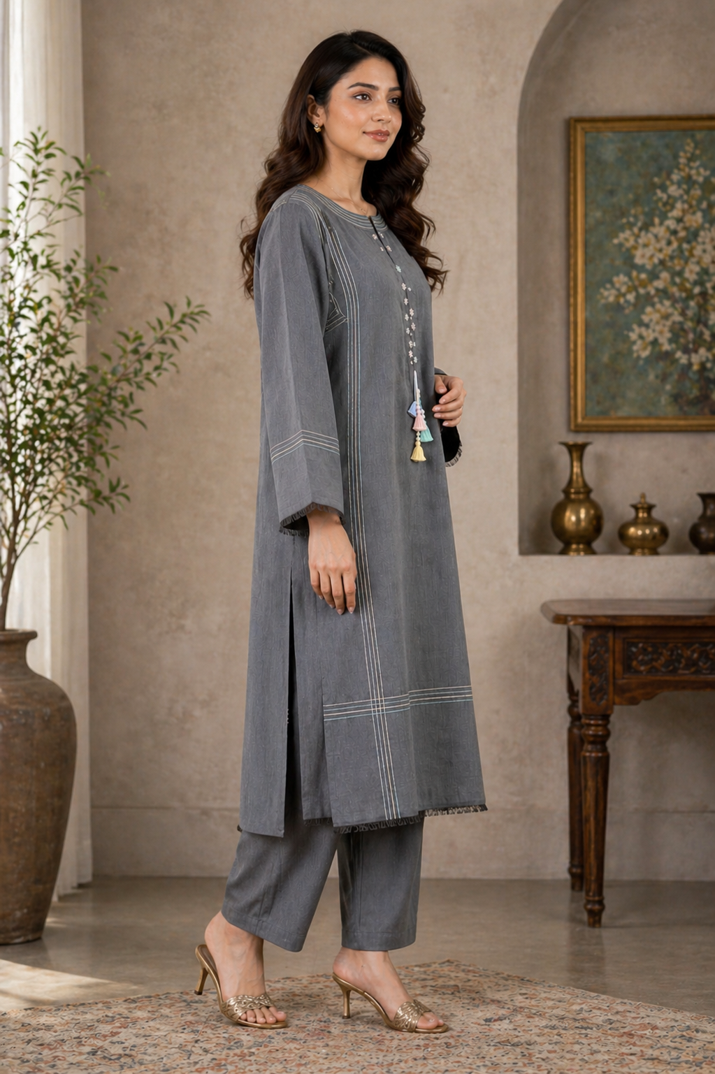 Minimalist Tassel-Detailed Straight Kurta Palazzo Set - Slate Grey