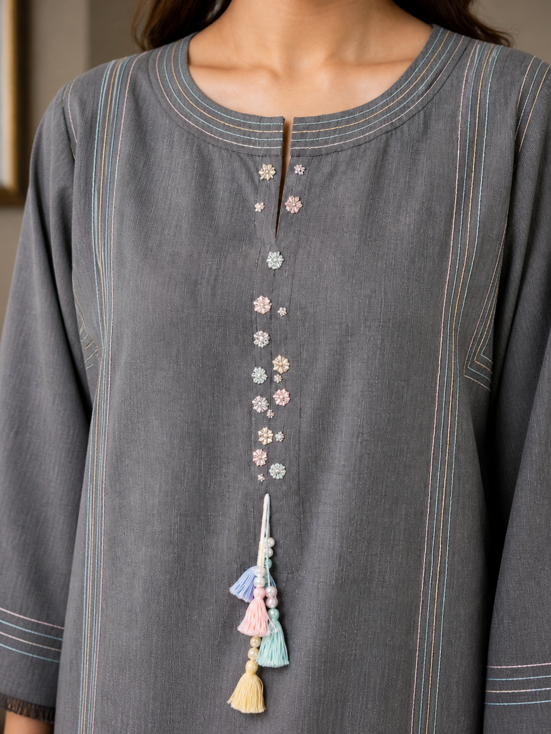 Minimalist Tassel-Detailed Straight Kurta Palazzo Set - Slate Grey