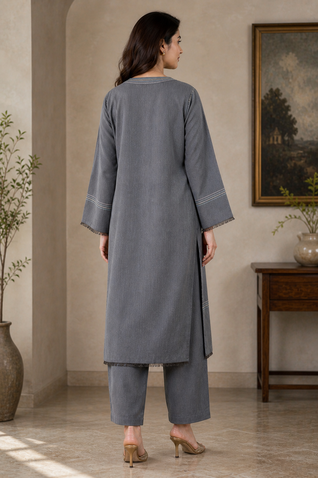 Minimalist Tassel-Detailed Straight Kurta Palazzo Set - Slate Grey