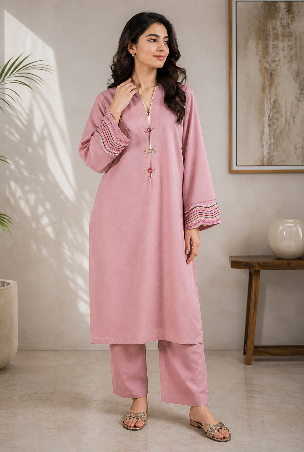 Boho-Chic Embroidered Mauve Kurta with Trousers Set