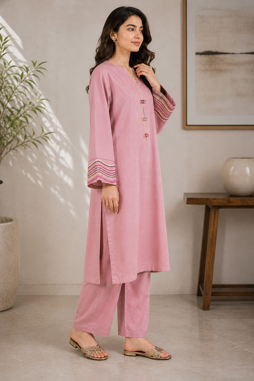 Boho-Chic Embroidered Mauve Kurta with Trousers Set