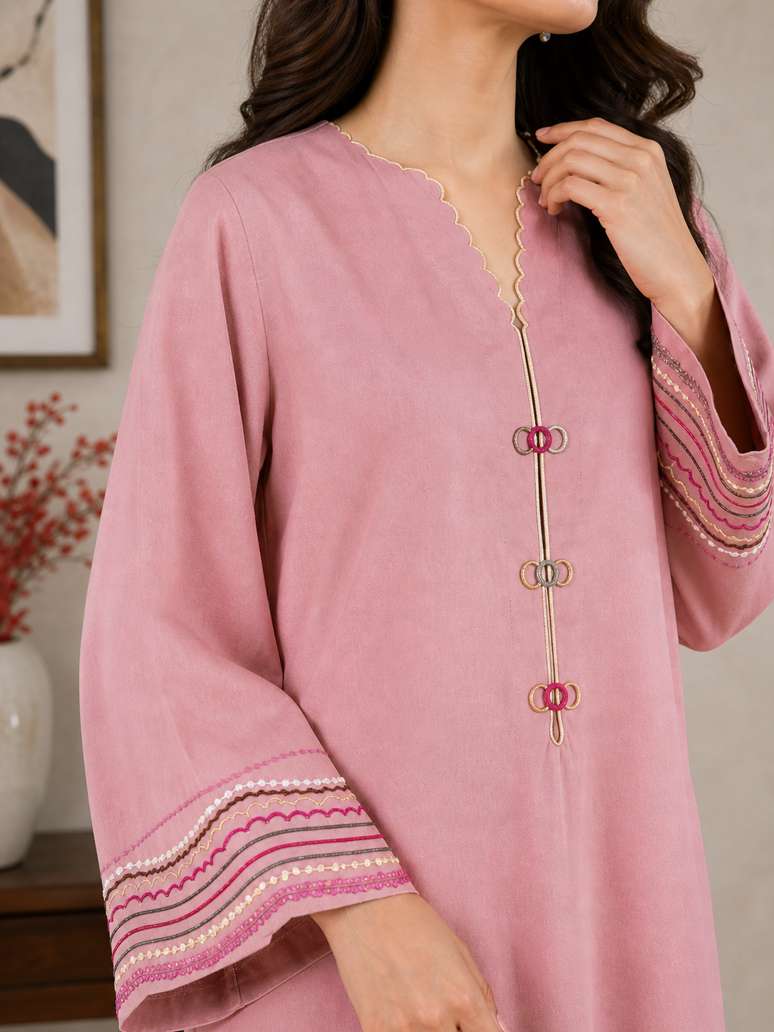 Boho-Chic Embroidered Mauve Kurta with Trousers Set