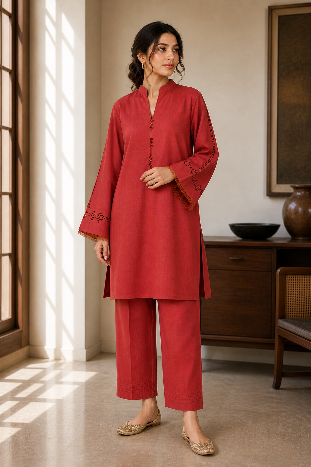 Premium Cotton-Linen Blend Cutwork Embroidery Palazzo Co-ord Set - Rust Red