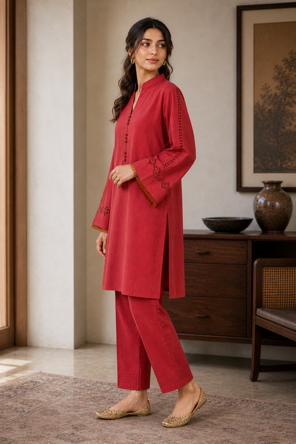 Premium Cotton-Linen Blend Cutwork Embroidery Palazzo Co-ord Set - Rust Red