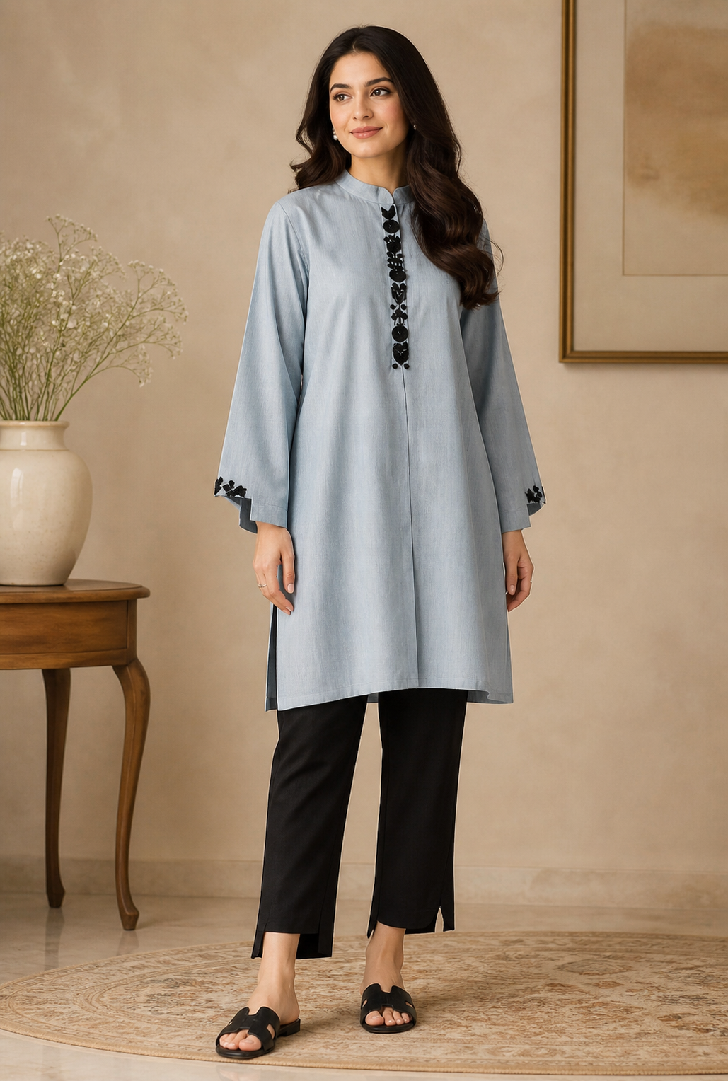 Designer Button-Placket Powder Blue Trousers Suit Set Cotton