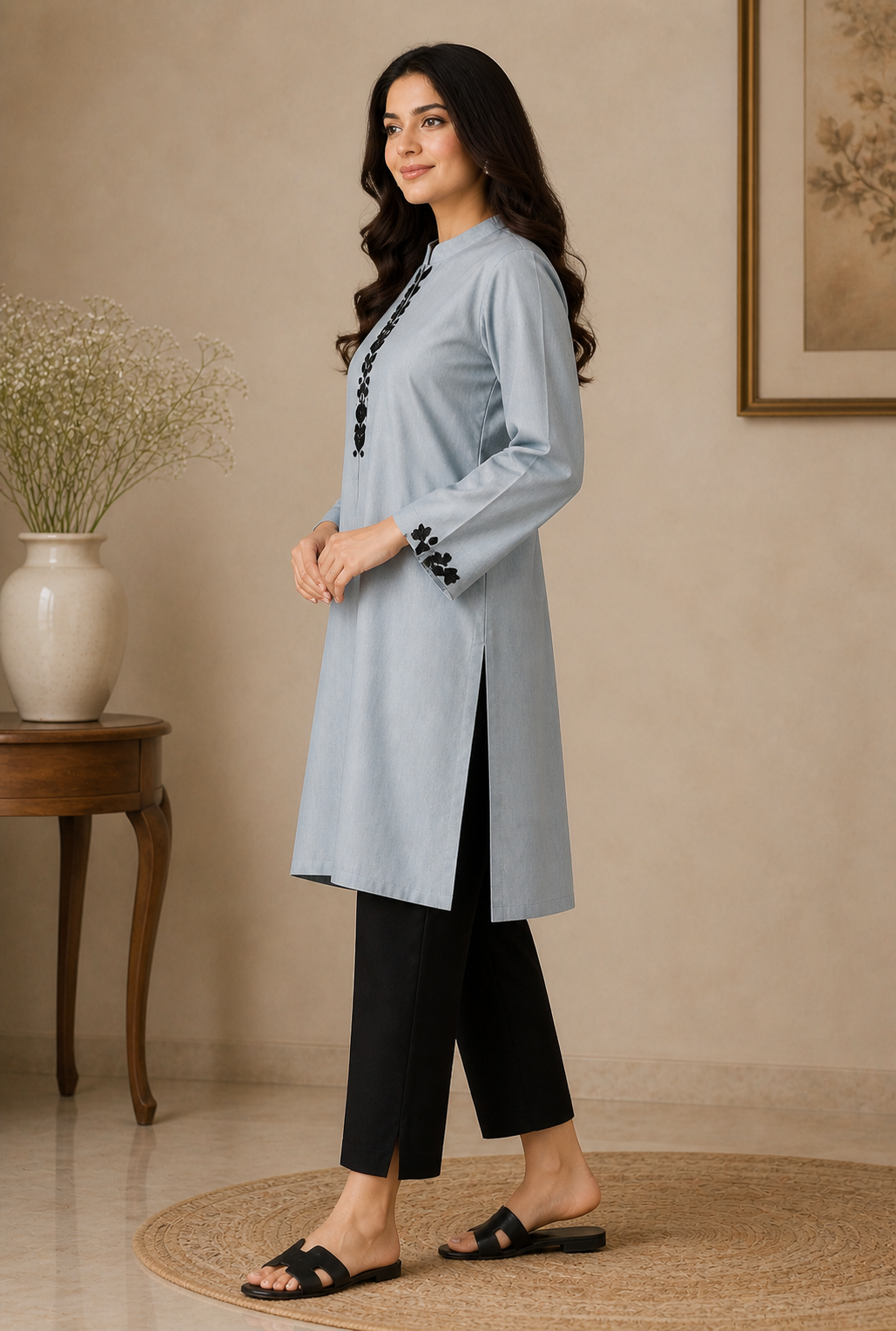 Designer Button-Placket Powder Blue Trousers Suit Set Cotton