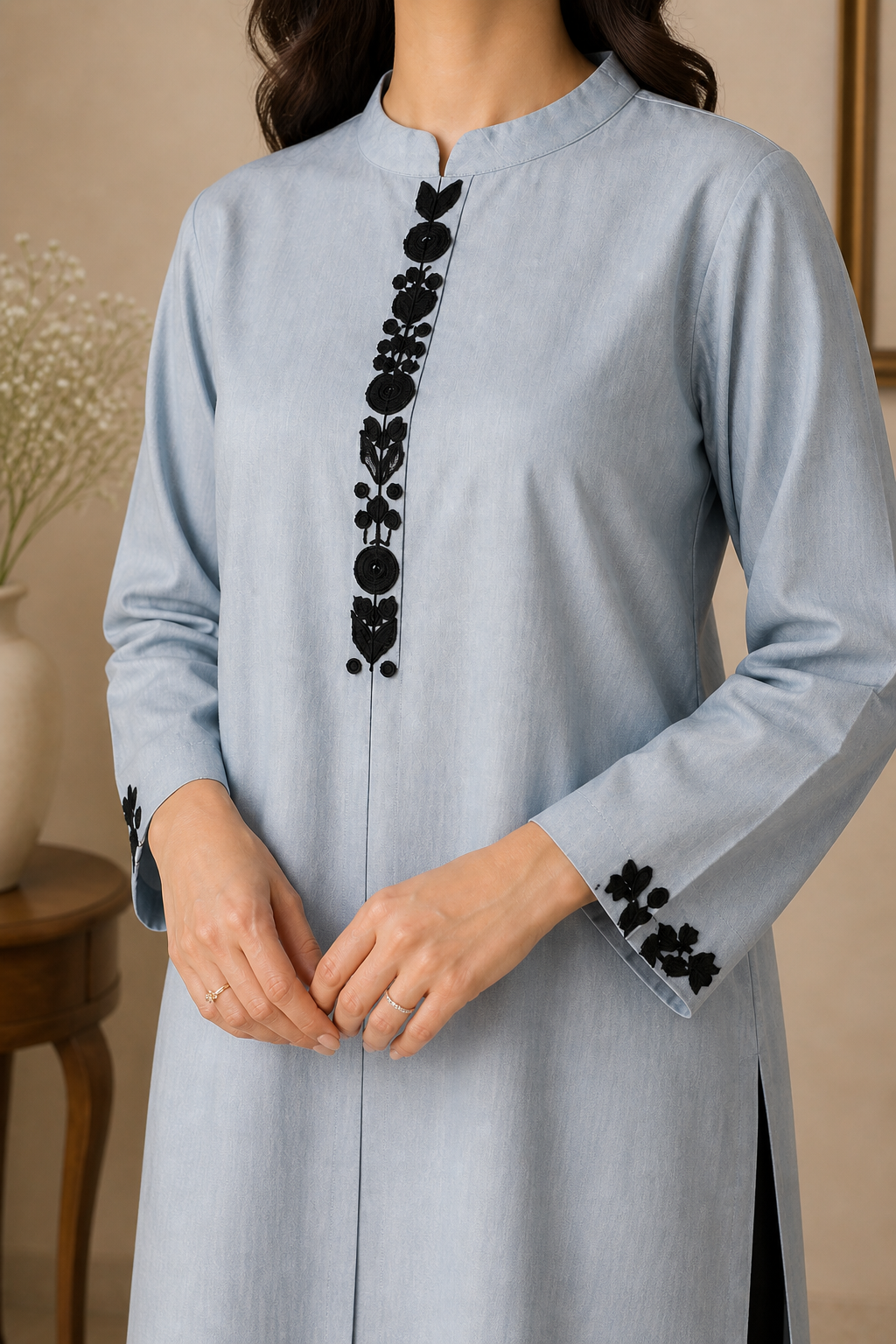 Designer Button-Placket Powder Blue Trousers Suit Set Cotton