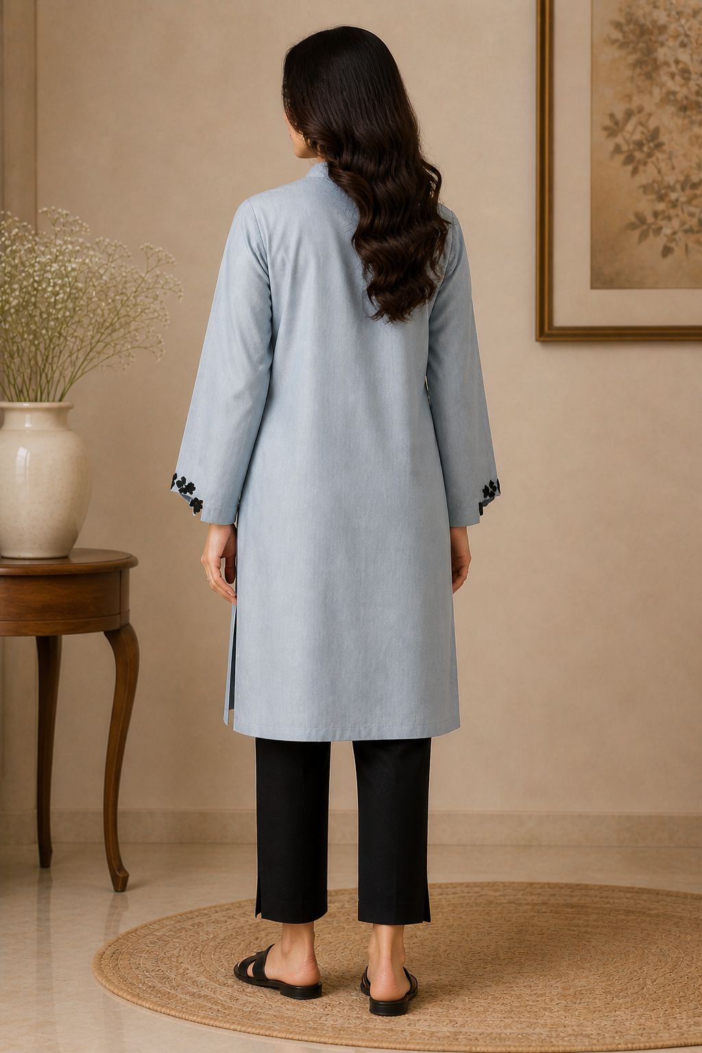 Designer Button-Placket Powder Blue Trousers Suit Set Cotton