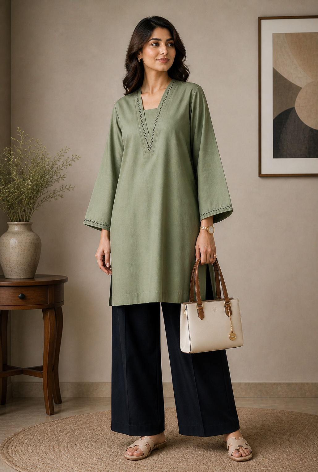 Premium Cotton  Olive and Black Contrast Wide-Leg Palazzo Suit Set