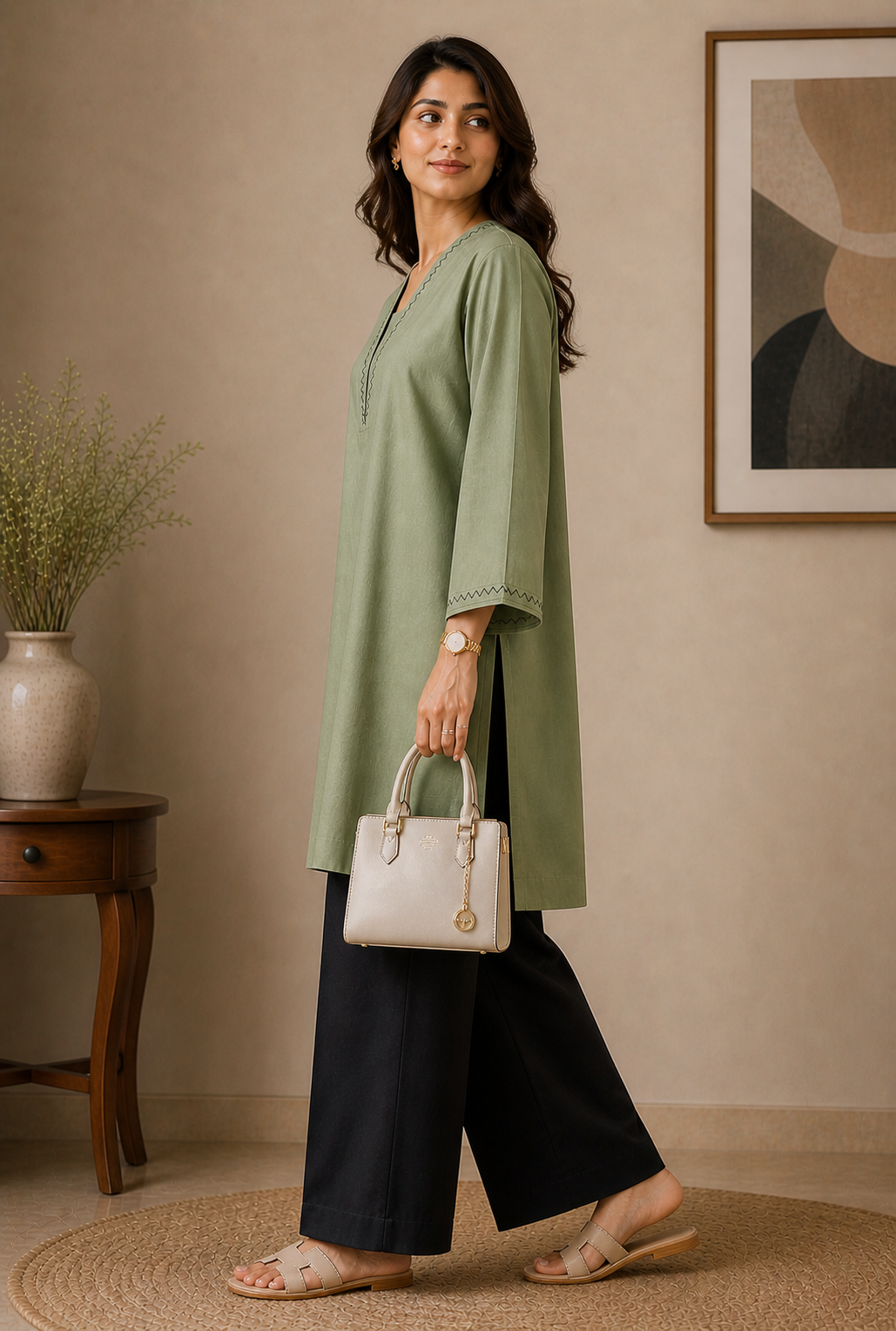 Premium Cotton  Olive and Black Contrast Wide-Leg Palazzo Suit Set