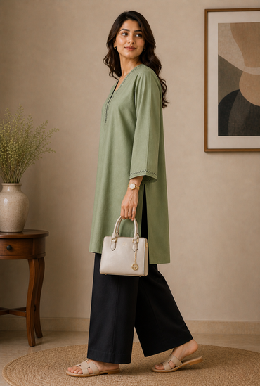 Premium Cotton  Olive and Black Contrast Wide-Leg Palazzo Suit Set