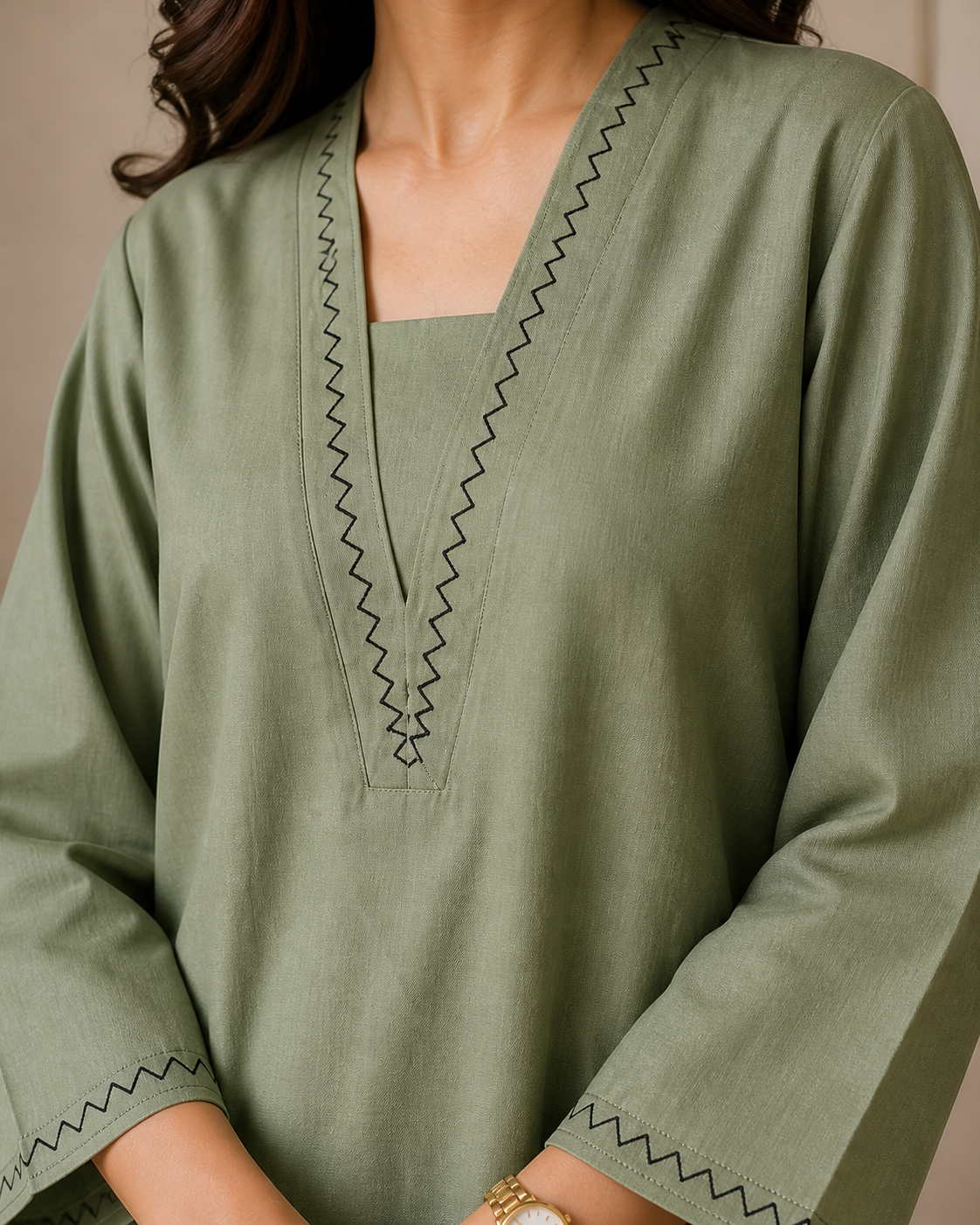 Premium Cotton  Olive and Black Contrast Wide-Leg Palazzo Suit Set