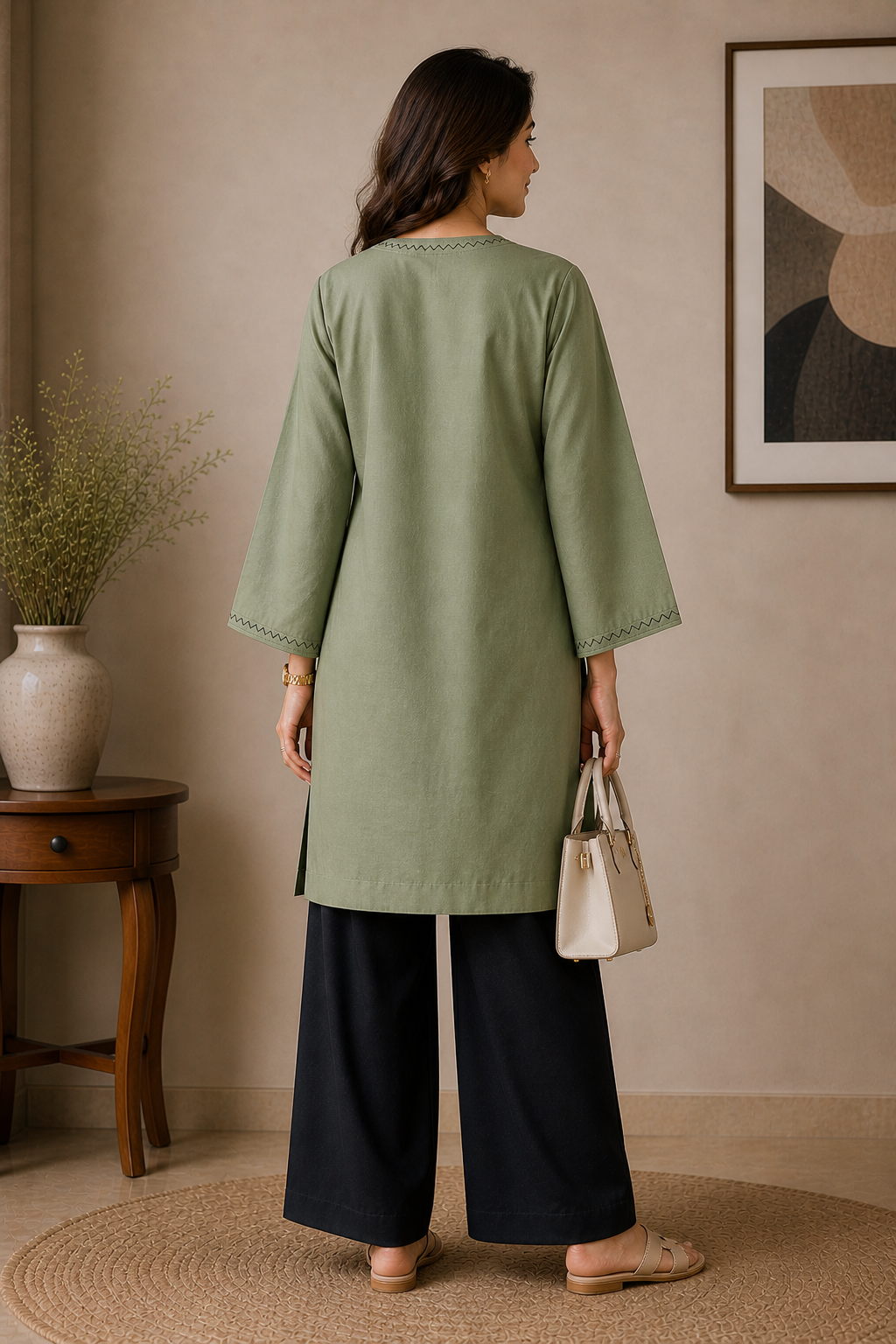 Premium Cotton  Olive and Black Contrast Wide-Leg Palazzo Suit Set