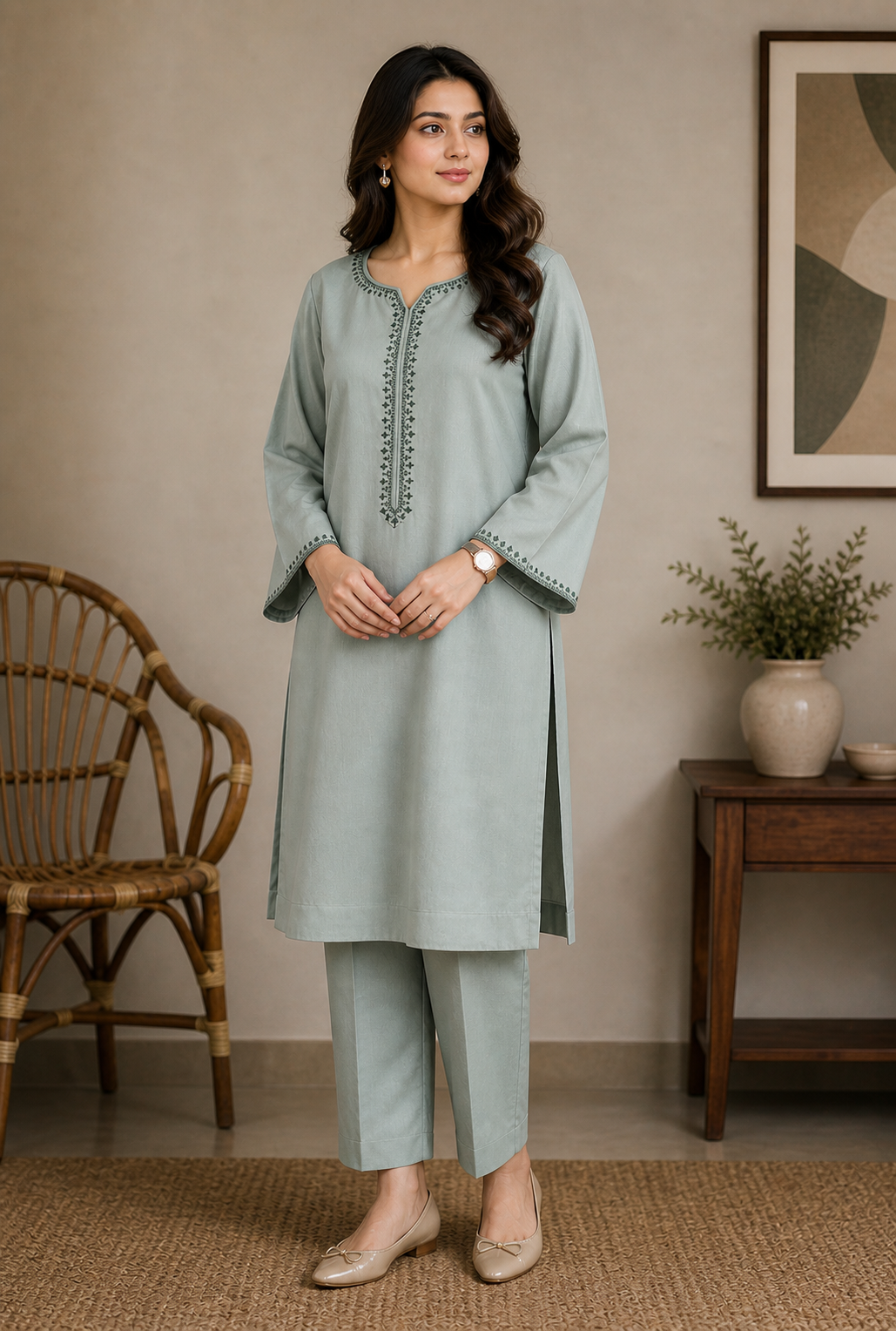 Minimalist Embroidered Kurta with Trousers Set | Sage Green