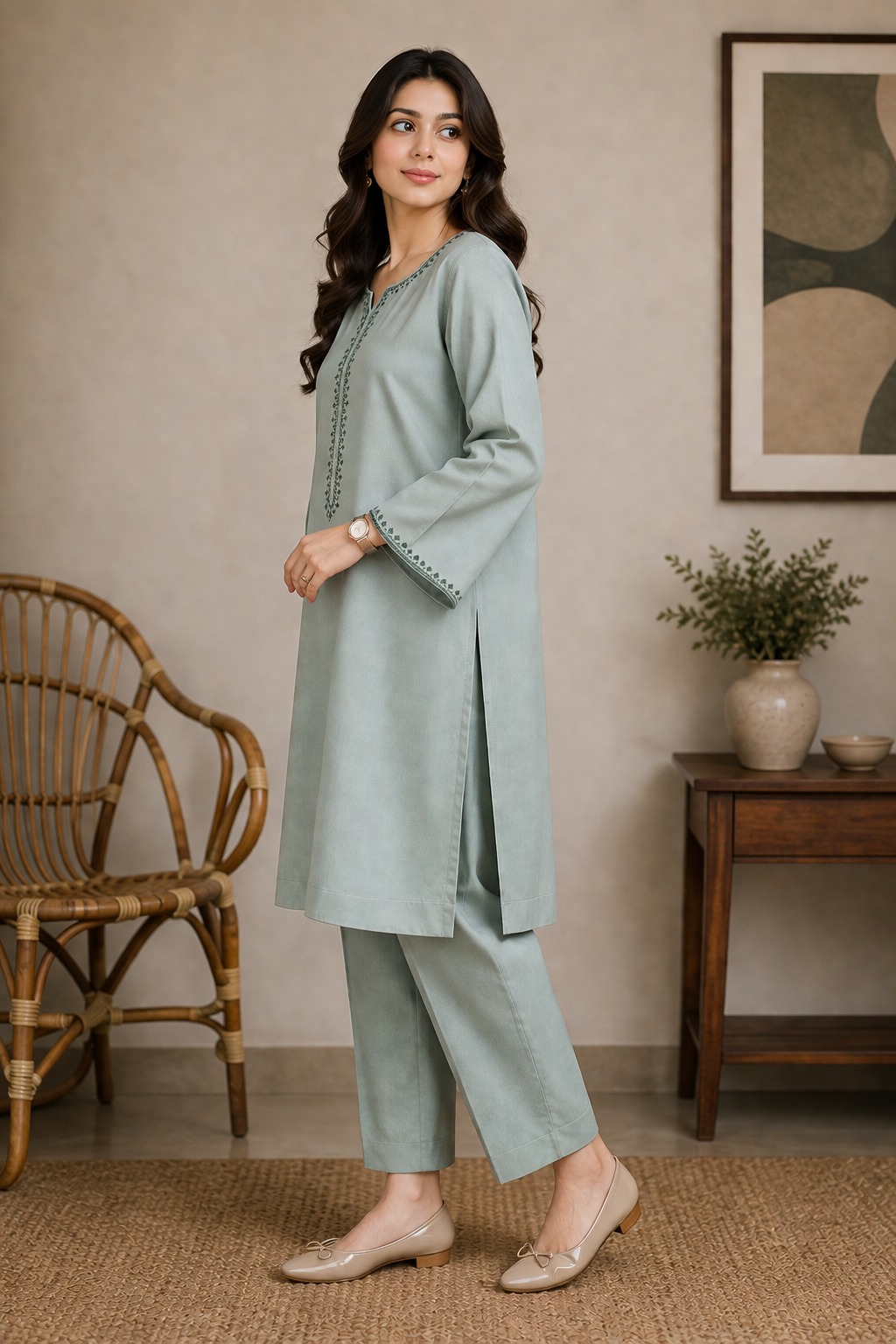 Minimalist Embroidered Kurta with Trousers Set | Sage Green