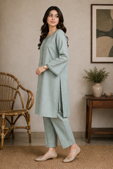 Minimalist Embroidered Kurta with Trousers Set | Sage Green