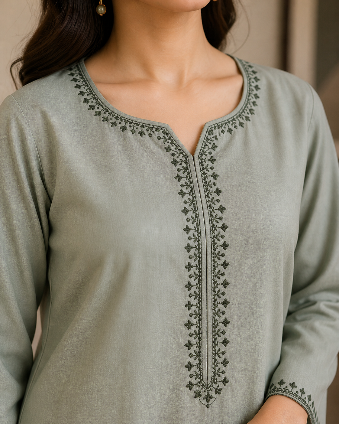 Minimalist Embroidered Kurta with Trousers Set | Sage Green