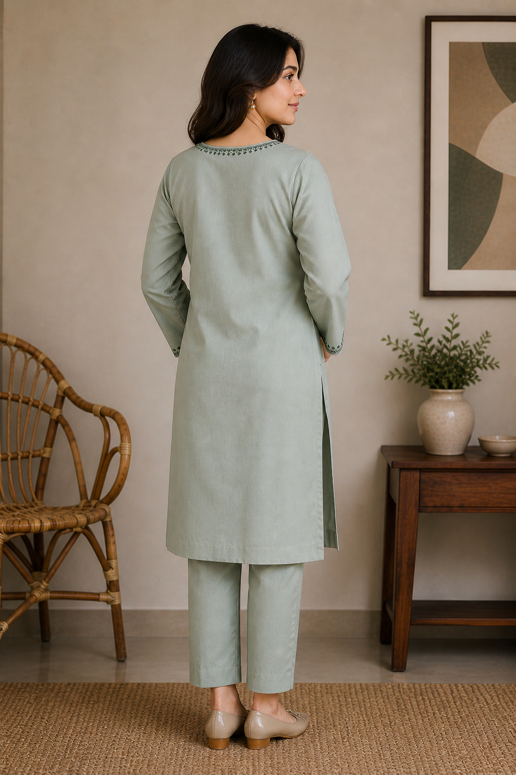 Minimalist Embroidered Kurta with Trousers Set | Sage Green