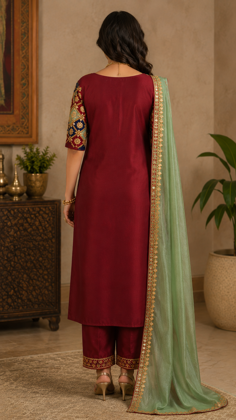 Premium Embroidered Silk Straight Suit Set – Deep Wine