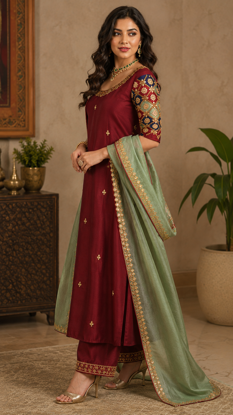 Premium Embroidered Silk Straight Suit Set – Deep Wine