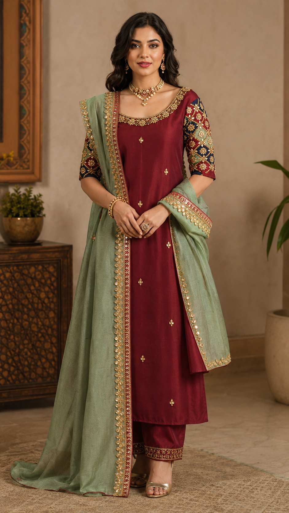 Premium Embroidered Silk Straight Suit Set – Deep Wine