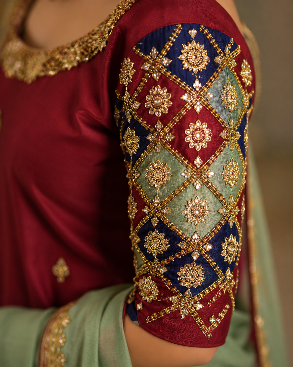 Premium Embroidered Silk Straight Suit Set – Deep Wine