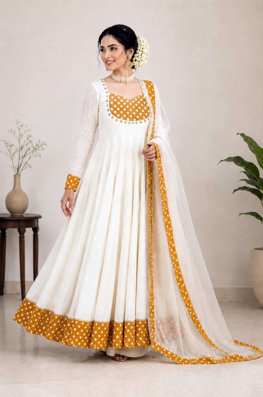 Polka Border Chanderi Anarkali Set – Ivory & Mustard Yellow
