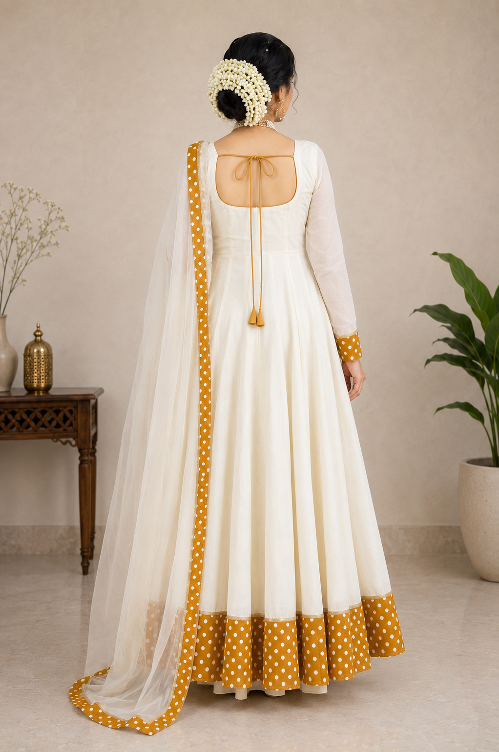 Polka Border Chanderi Anarkali Set – Ivory & Mustard Yellow