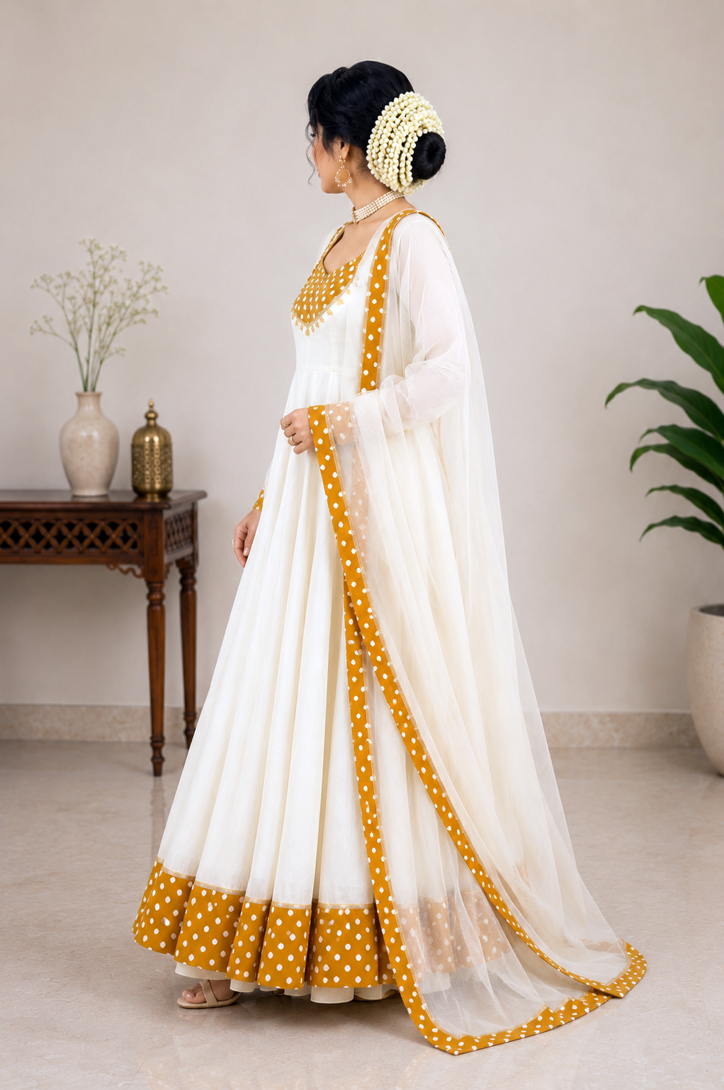 Polka Border Chanderi Anarkali Set – Ivory & Mustard Yellow