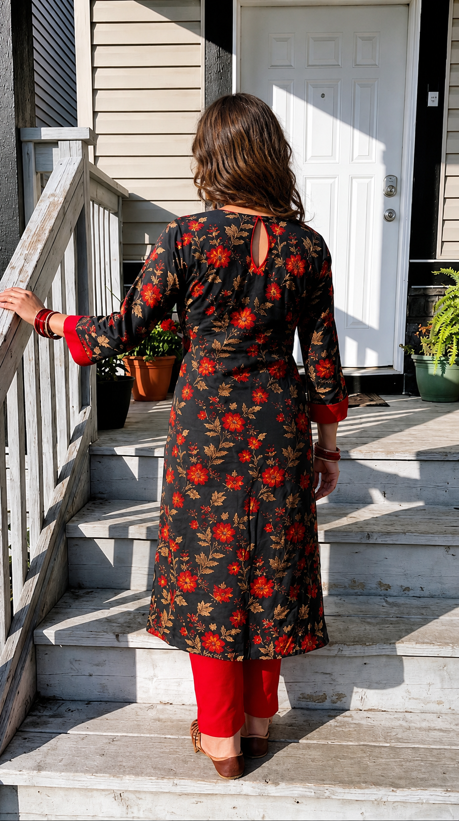 Elegant Floral Print Cotton A-Line Kurta Set with Solid Palazzo - Black & Red