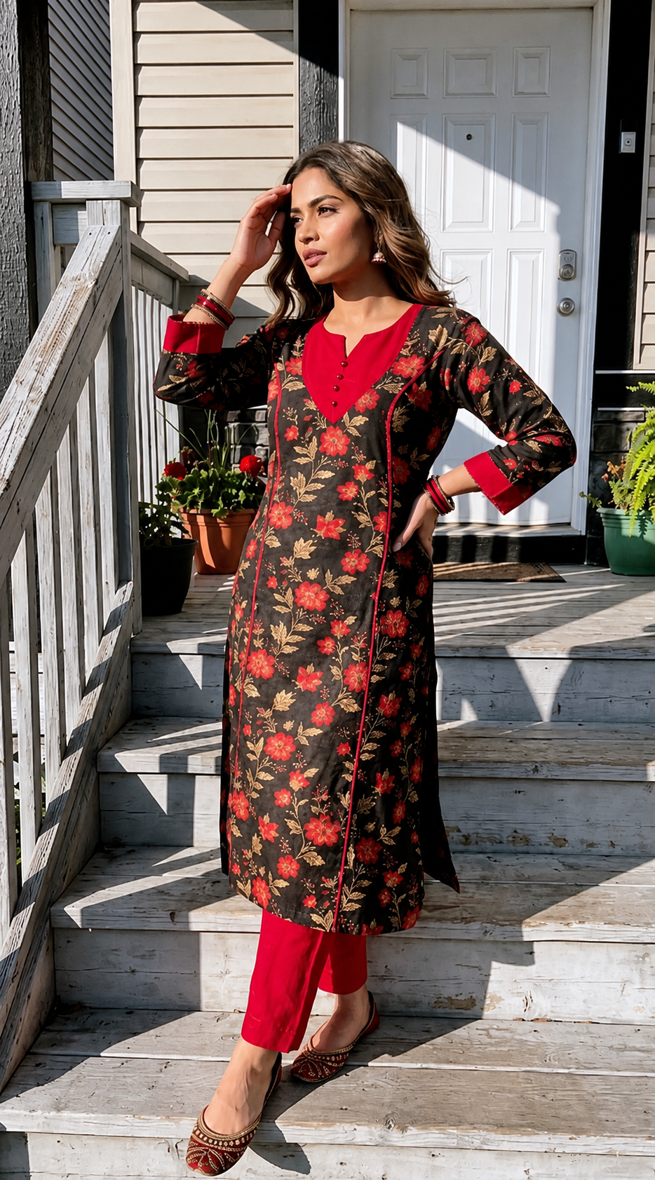 Elegant Floral Print Cotton A-Line Kurta Set with Solid Palazzo - Black & Red