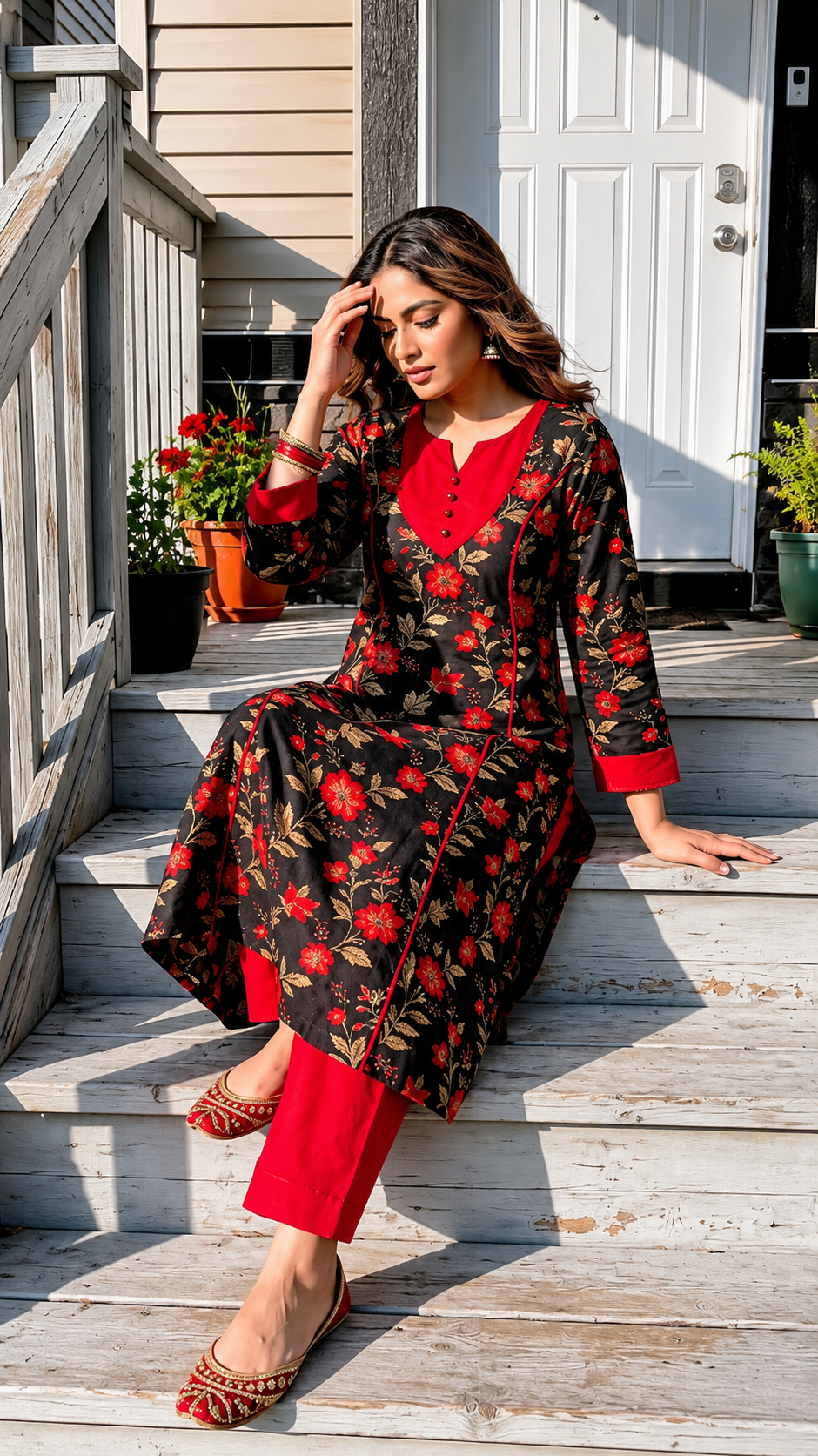 Elegant Floral Print Cotton A-Line Kurta Set with Solid Palazzo - Black & Red