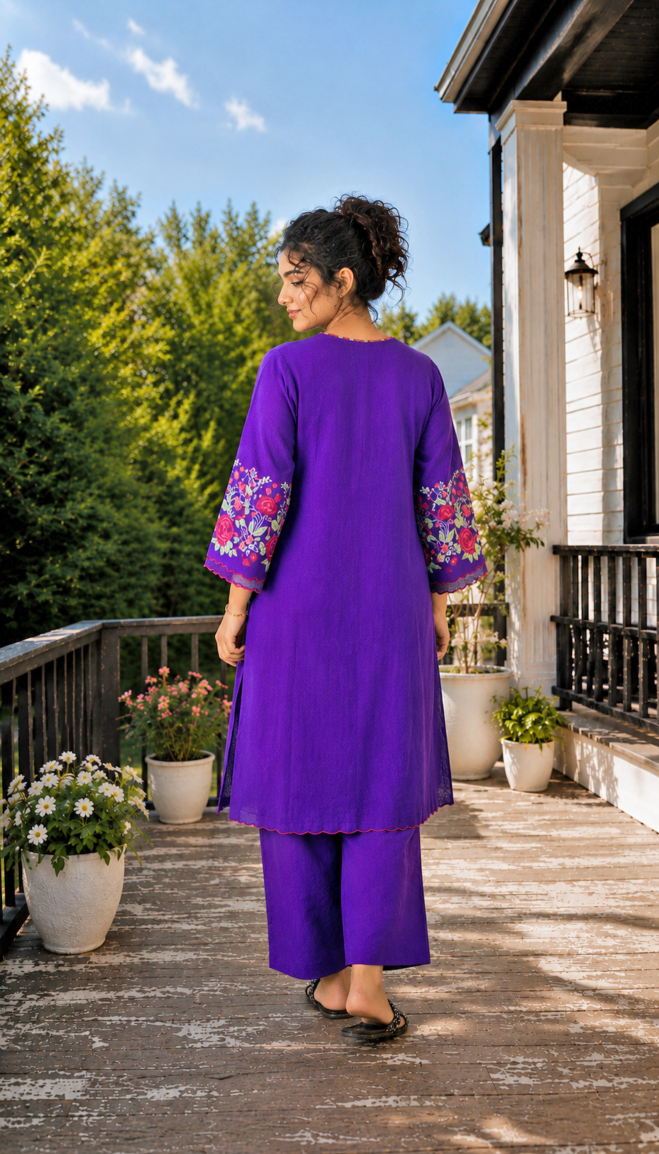 Purple Straight Kurta Set with Embroidered Sleeves